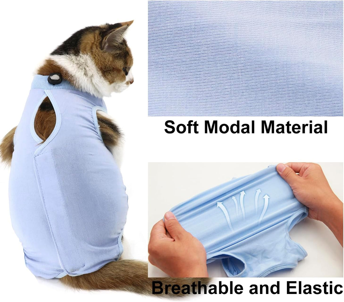 QIYADIN feline recovery suit showing the upgraded collar buckle design