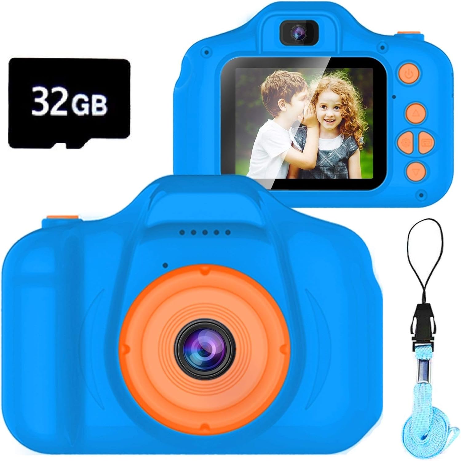 Dylanto kids selfie digital camera navy blue front view showing orange lens ring
