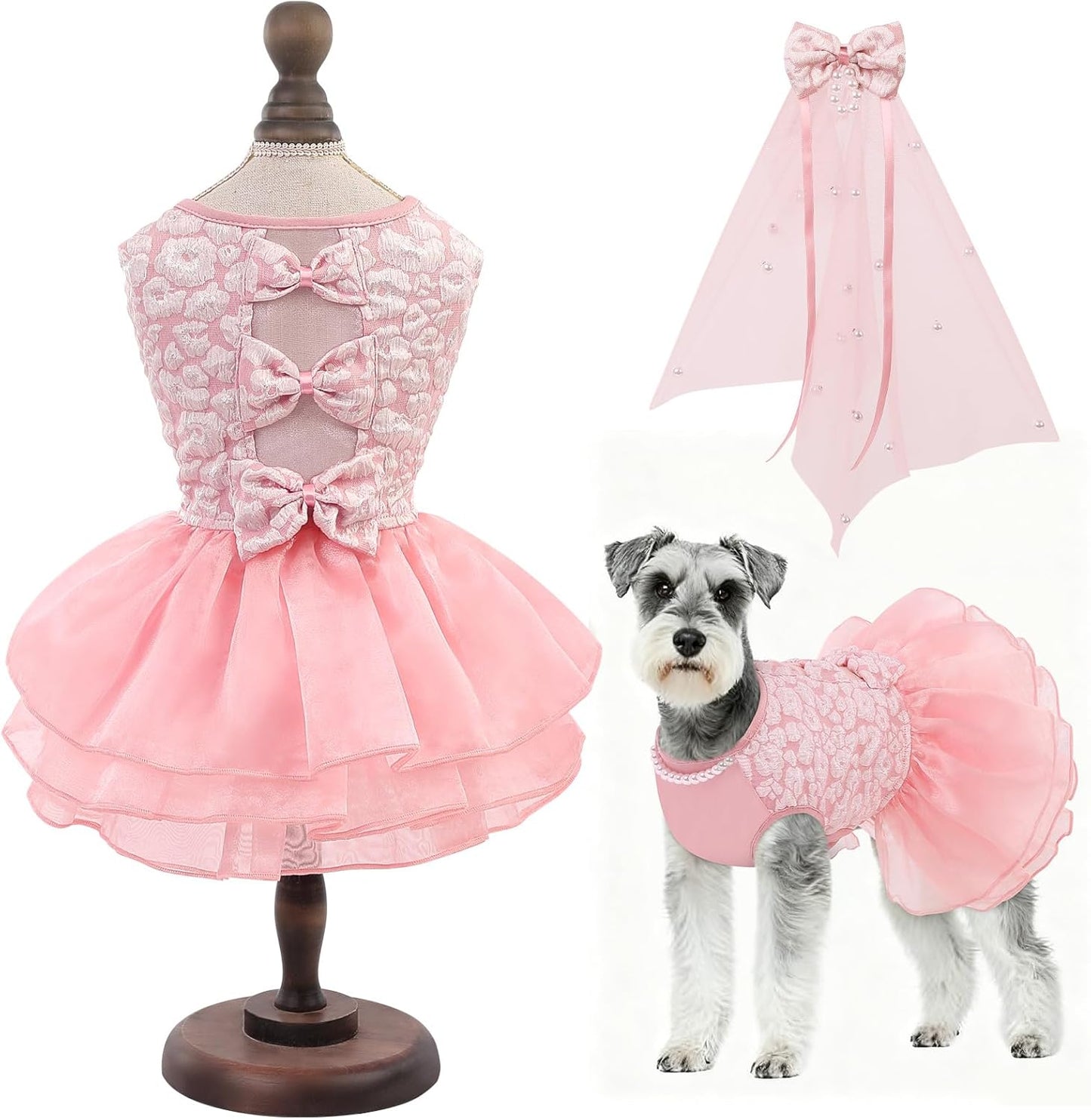 ASENKU Dog Wedding Dress pink princess gown front view for large pets