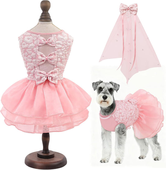 ASENKU Dog Wedding Dress pink princess gown front view for large pets