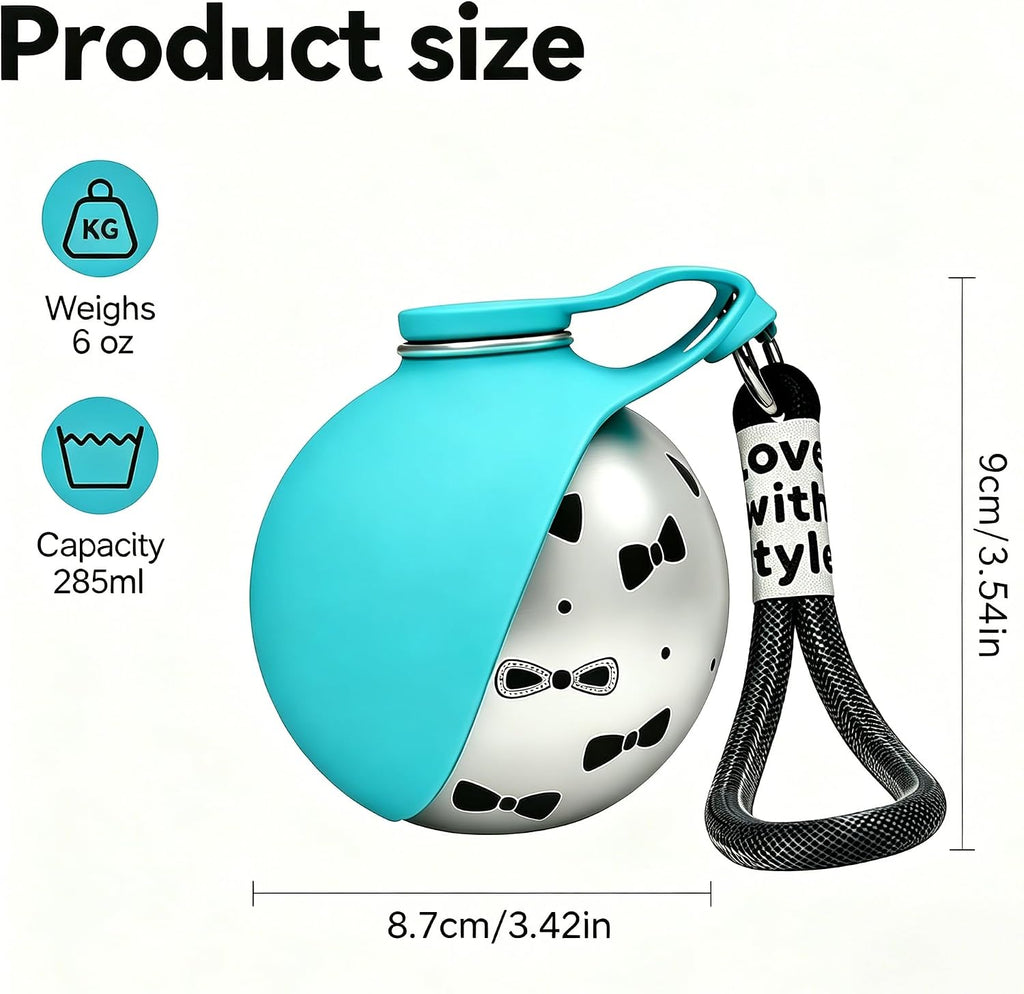 Side angle view of the travel pet water dispenser with the integrated carry rope.