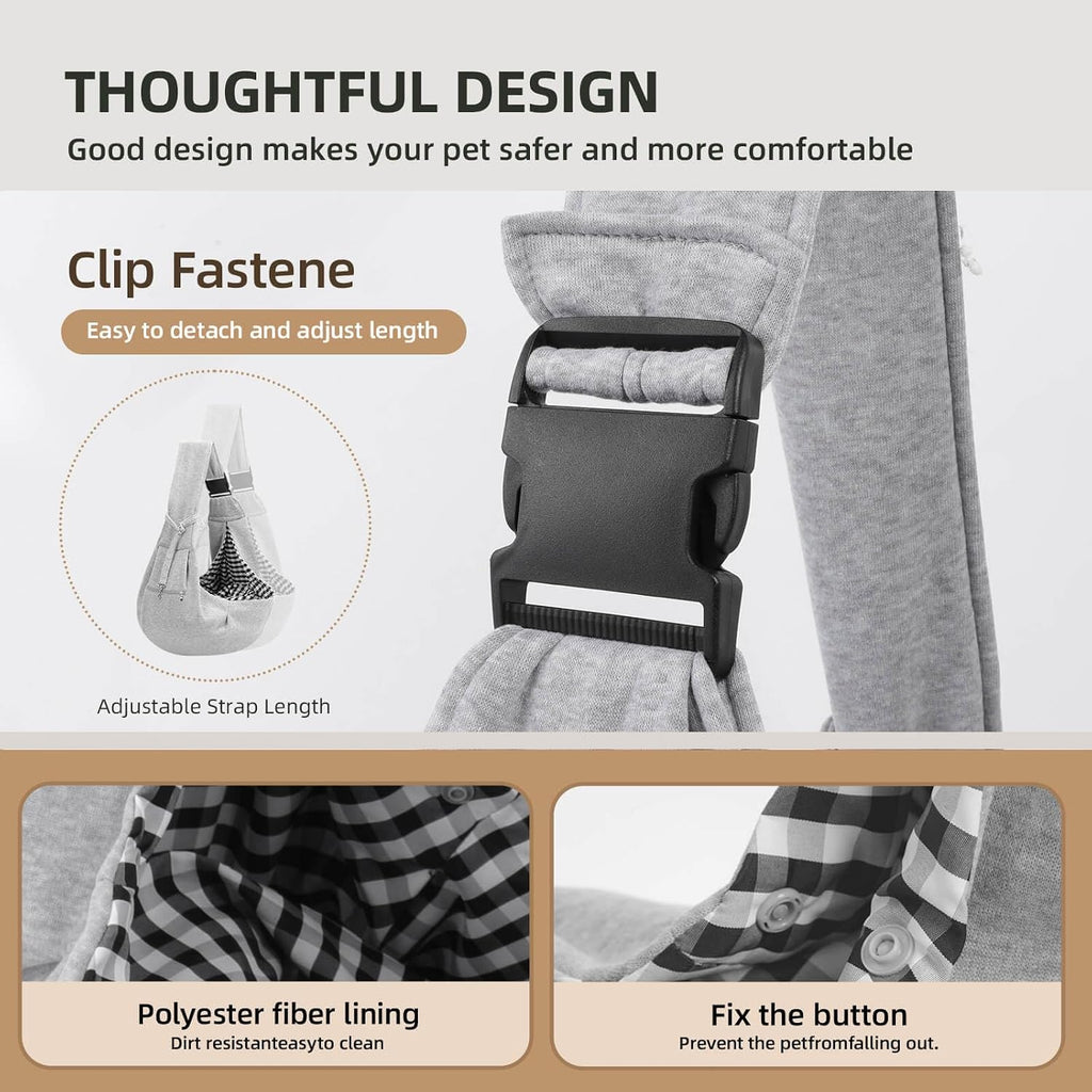 Small dog safely secured inside Riuja hands-free carrier