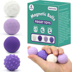 PuraEase Magnetic Sensory Fidget Balls front view showing four multicolor textured silicone spheres aligned on a desk.