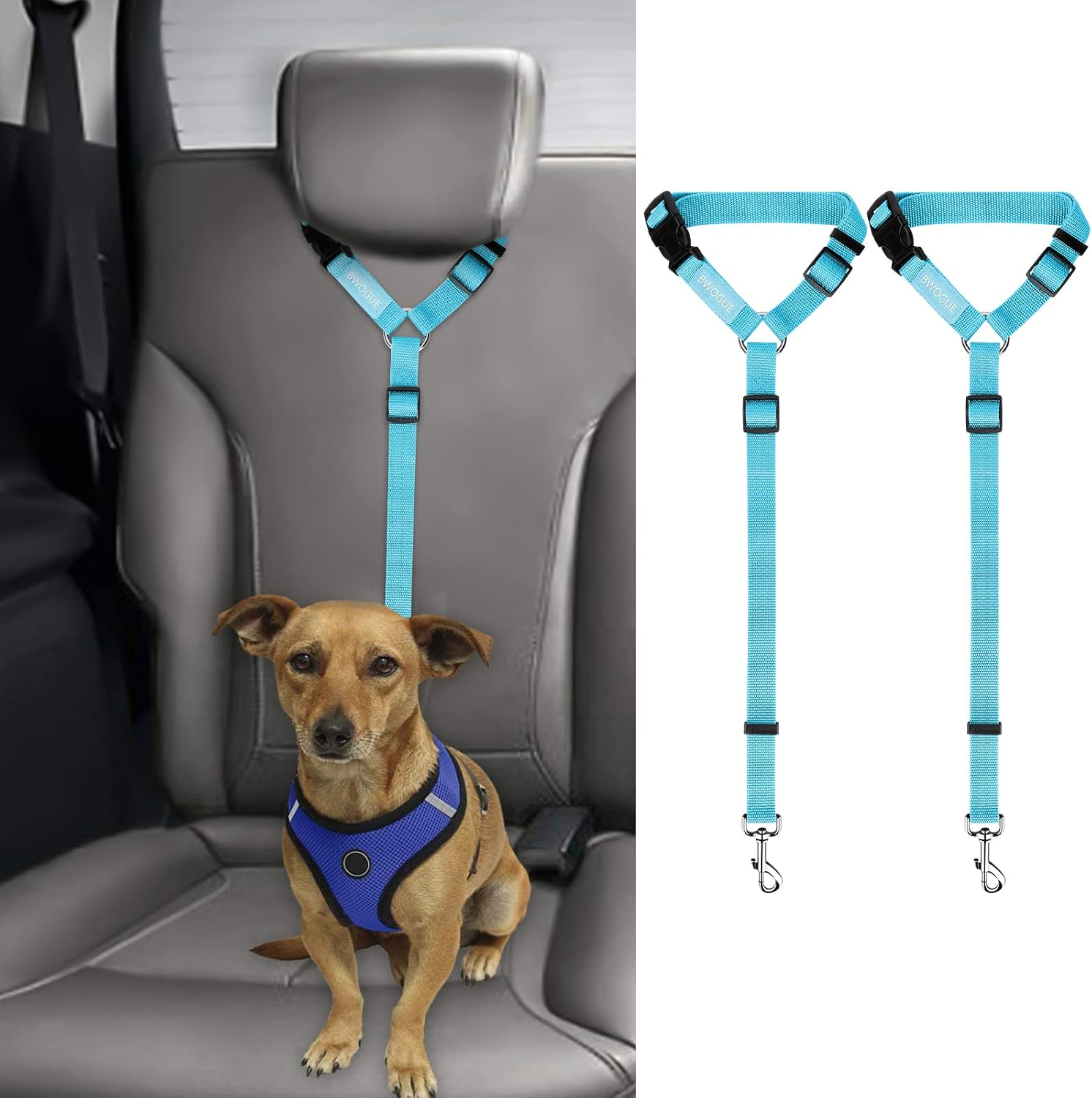 BWOGUE 2 Packs Dog Cat Safety Seat Belt Strap Car Headrest Restraint Adjustable Nylon Fabric Dog Restraints Vehicle Seatbelts Harness - Image 12
