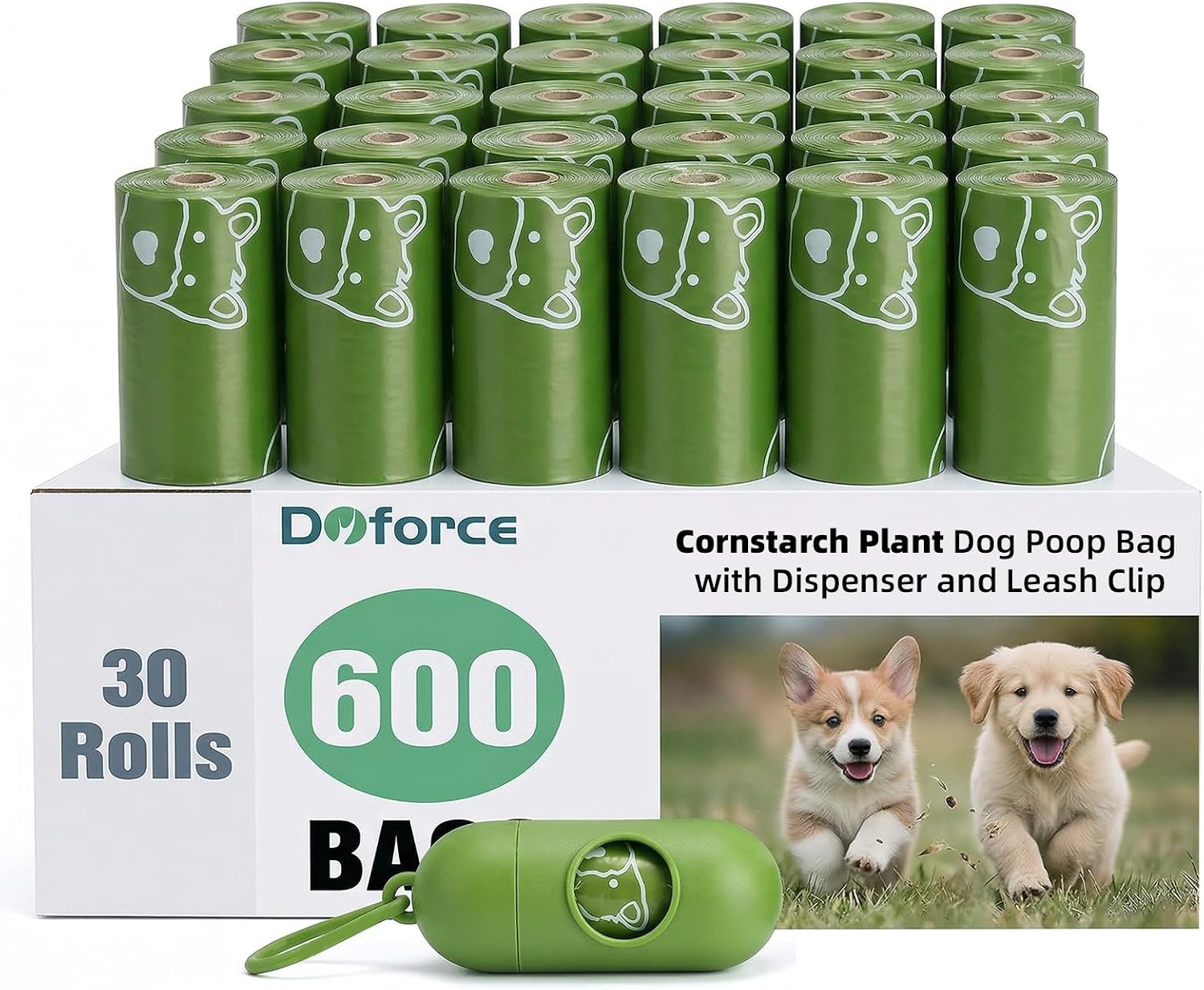 Dyforce scented pink pet waste refill rolls displayed in bulk box.