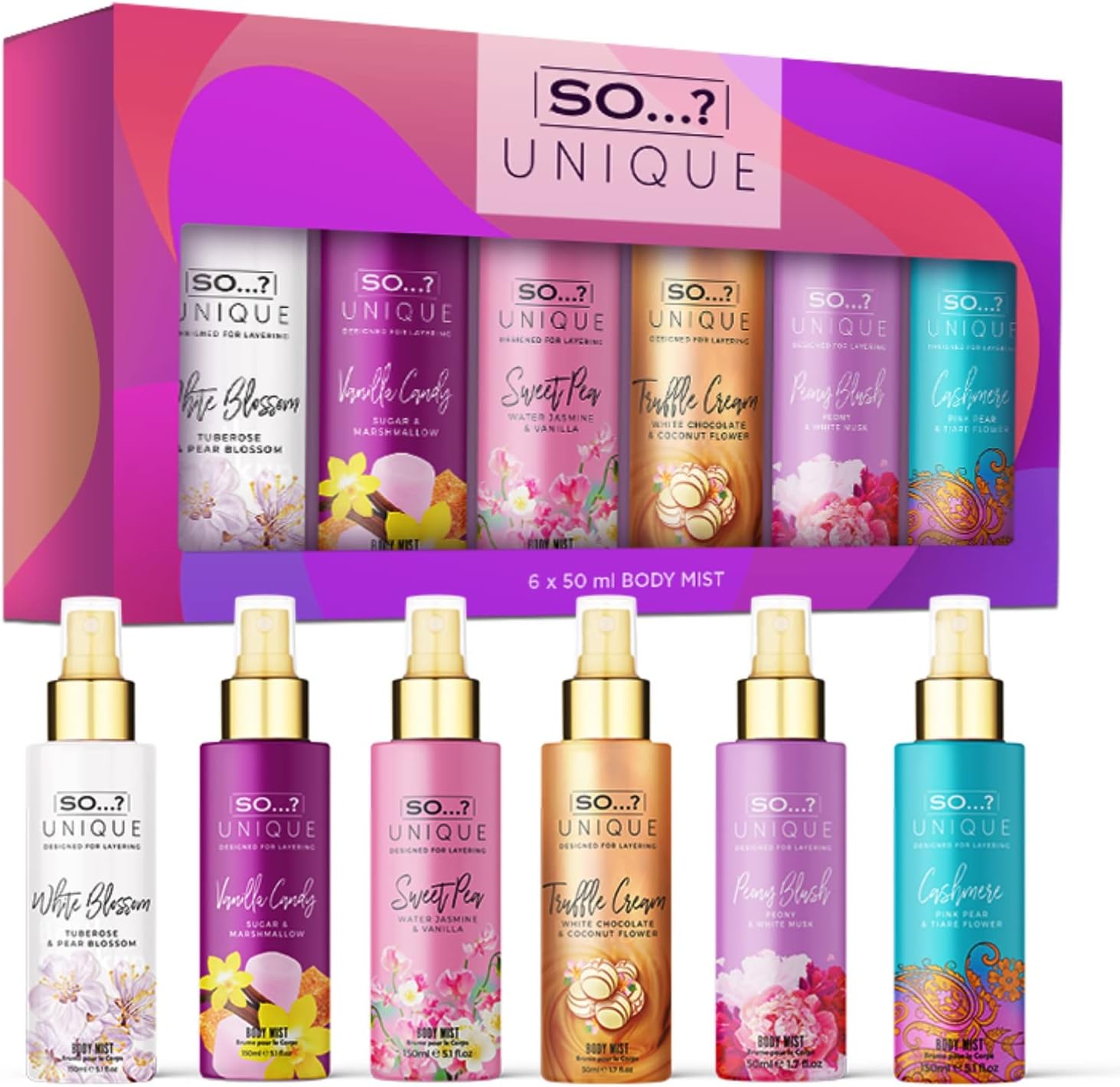 So Unique body mist gift set front view showing six colorful mini perfume bottles arranged in a travel size collection box