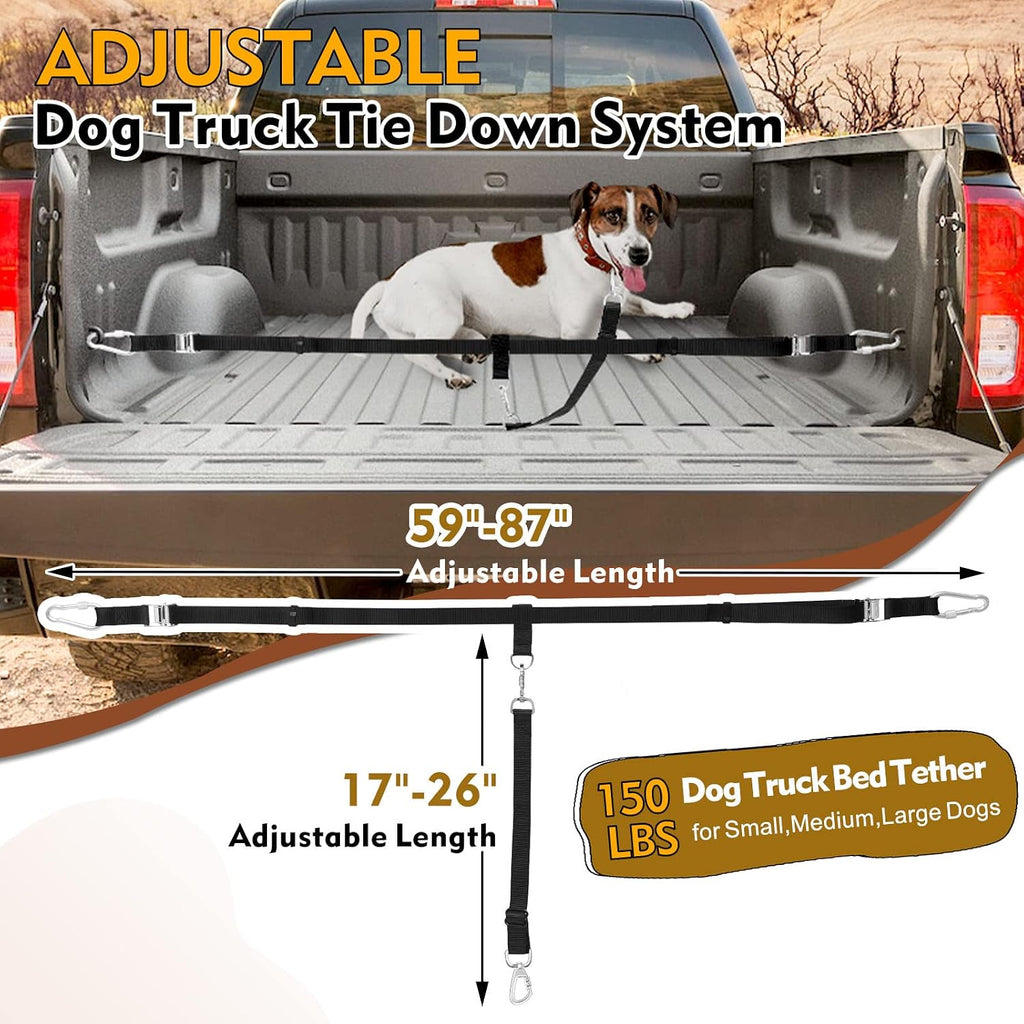 Snagle Paw leash system attached to truck tie-down points