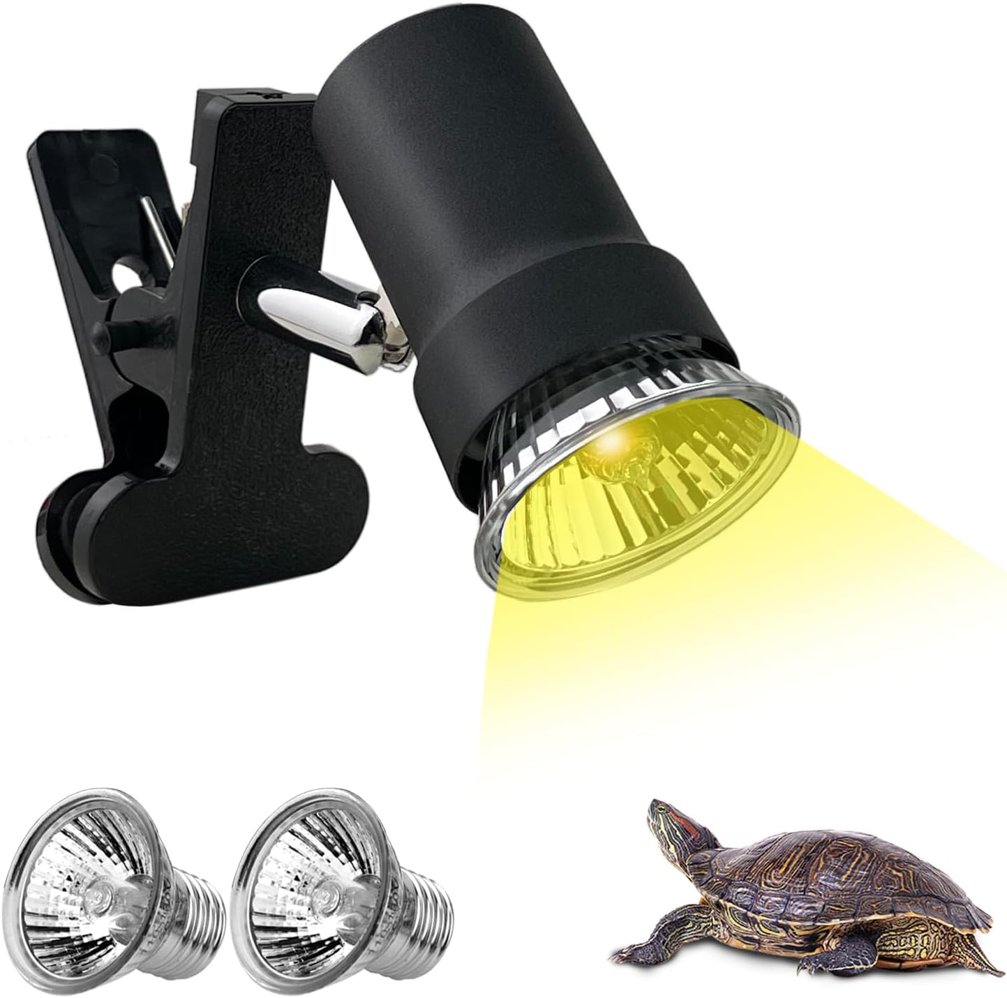 DOMICA turtle heat lamp front view with clamp fixture and two heating bulbs