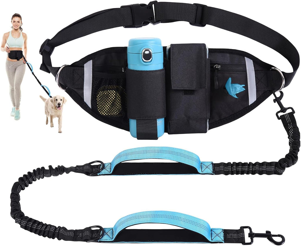Yungaspy hands free dog leash front view showing blue bungee belt and black waist pouch
