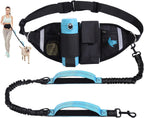 Yungaspy hands free dog leash front view showing blue bungee belt and black waist pouch