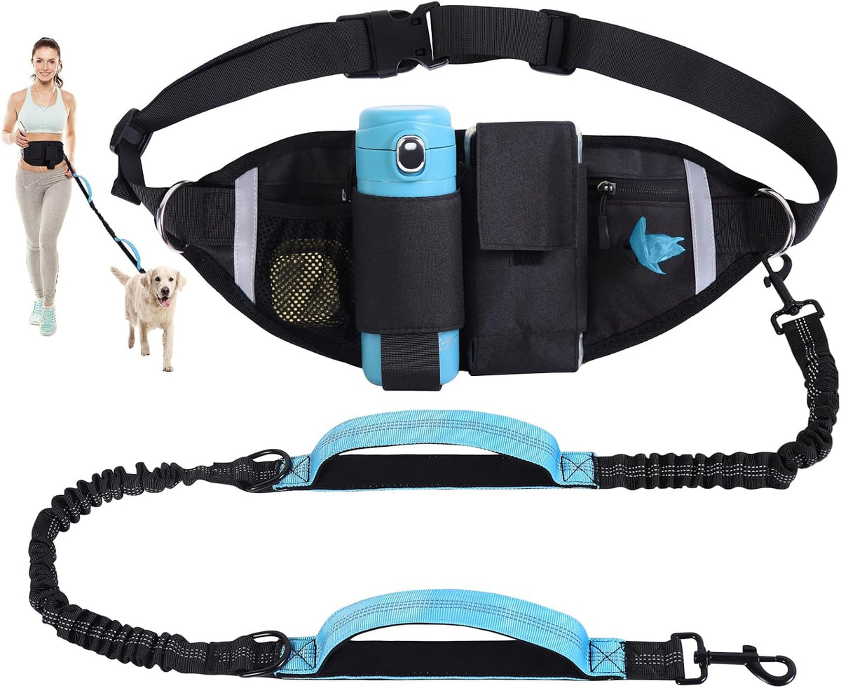 Yungaspy hands free dog leash front view showing blue bungee belt and black waist pouch