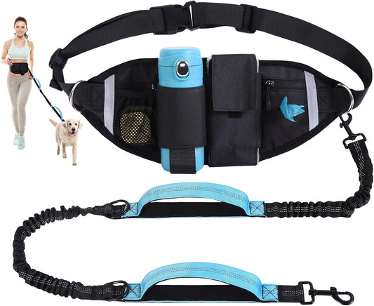 Yungaspy hands free dog leash front view showing blue bungee belt and black waist pouch
