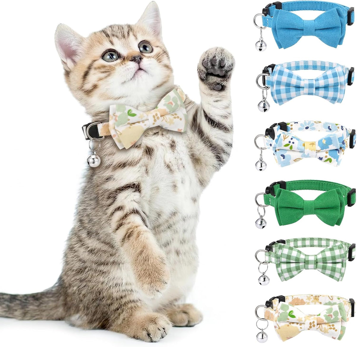 DragonflyDreams 6 Piece Plaid Breakaway Cat Collars front view displaying six different colored pet bow ties.