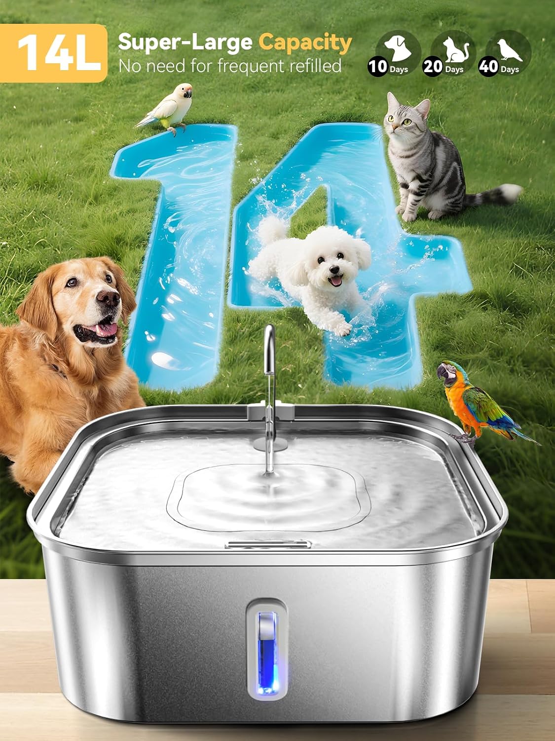 Close up of 14 liter stainless steel pet water fountain basin