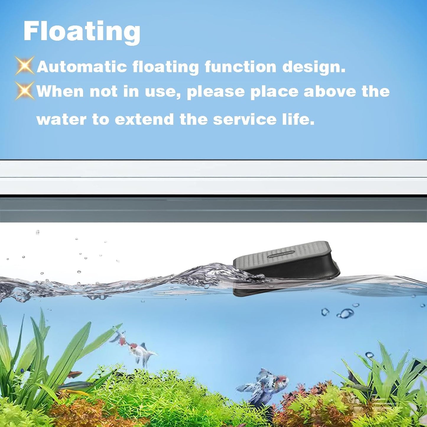 Carefree Fish aquarium magnet cleaner demonstrating the floating mechanism on water surface.