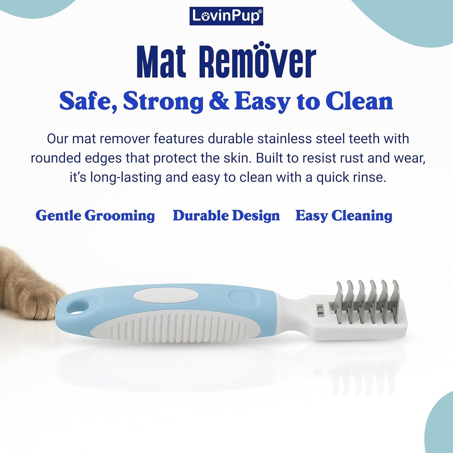 Dematting comb demonstrating gentle knot removal on pet fur