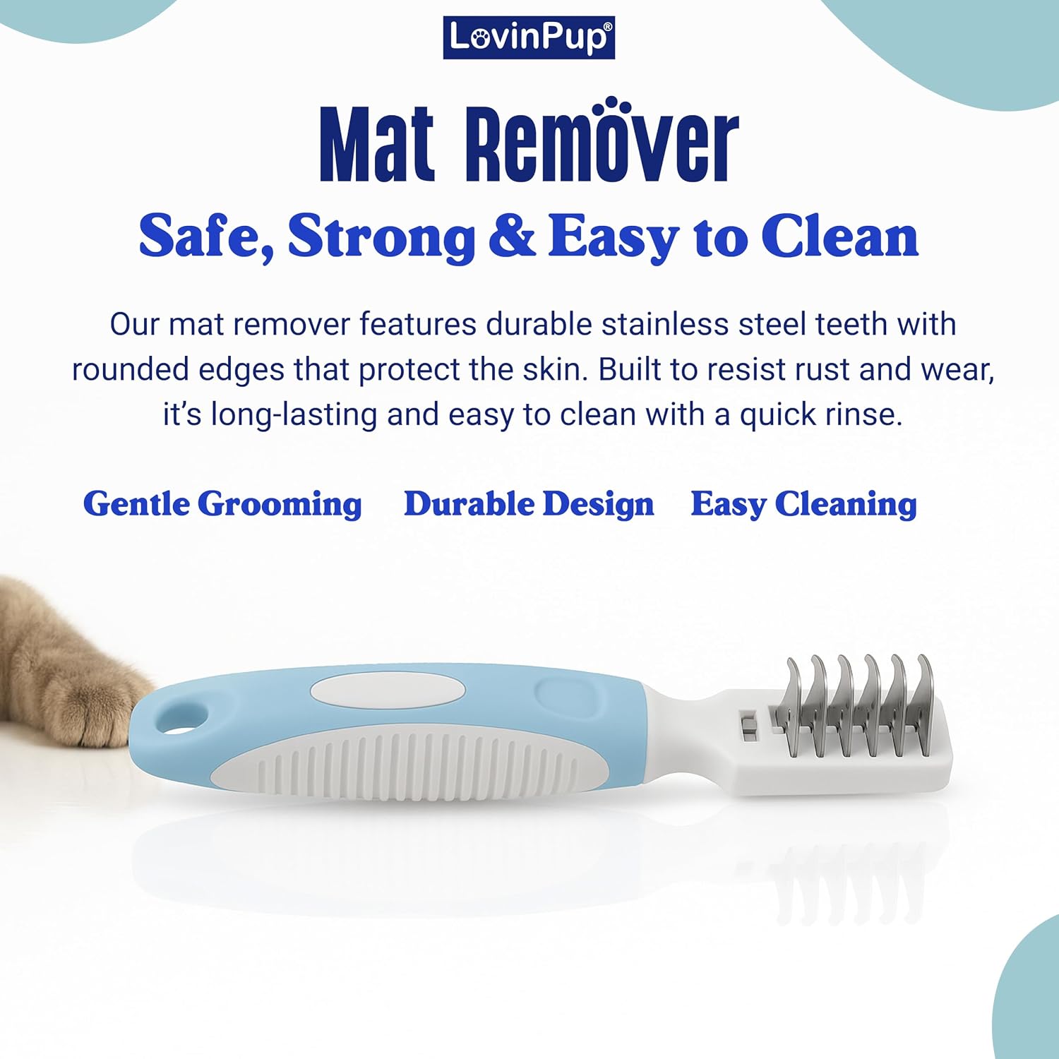 Dematting comb demonstrating gentle knot removal on pet fur