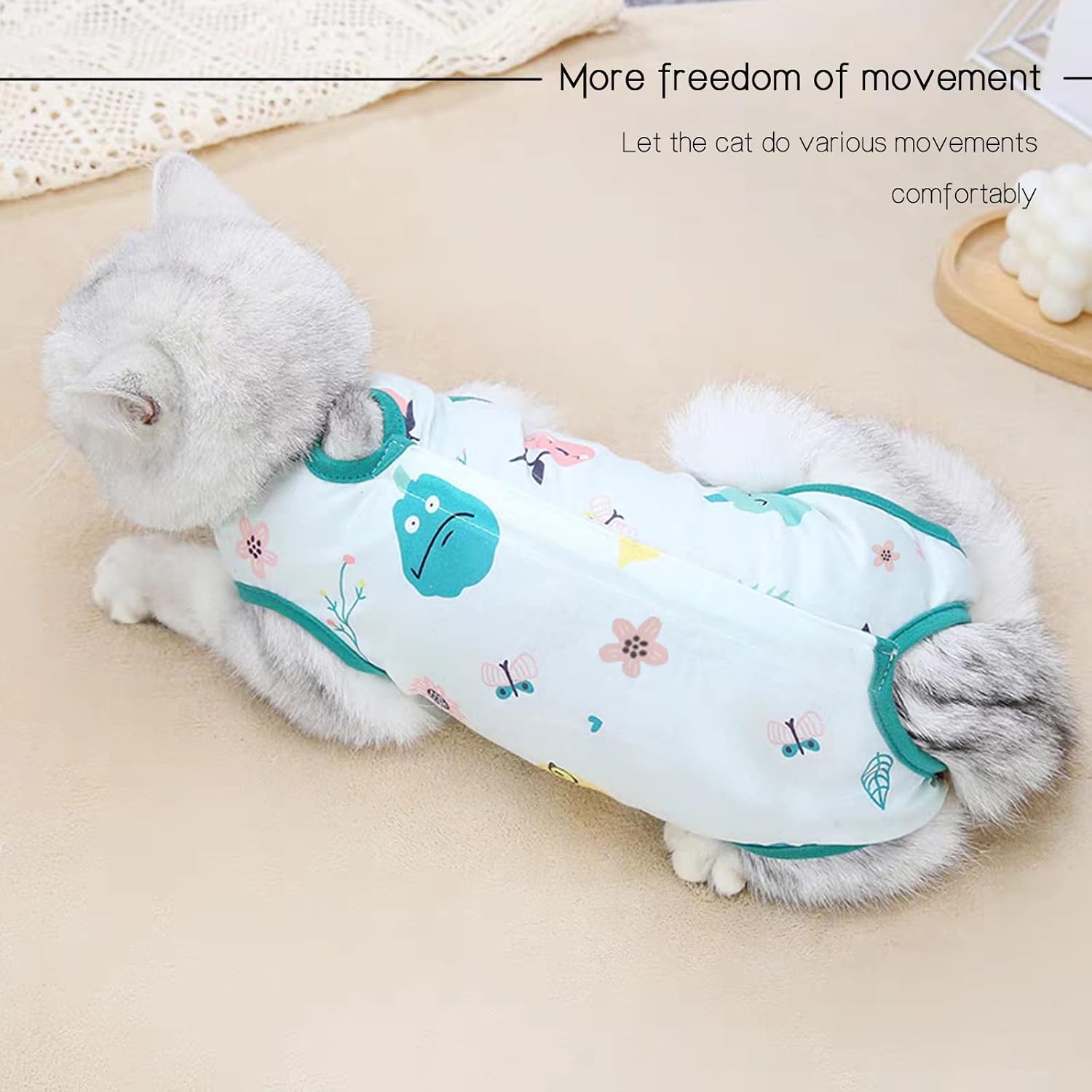 GCVOPTON large cat recovery suit showing the open rear design for litter box use