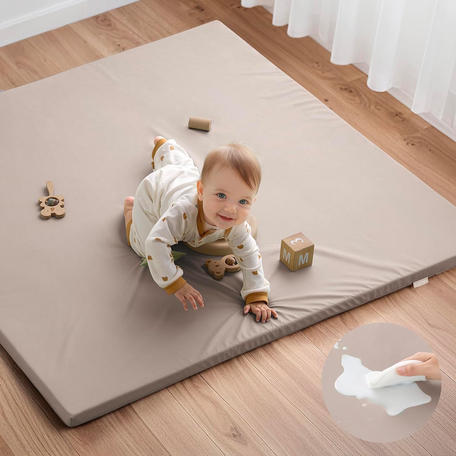 Blissful Diary vegan leather baby play mat taupe front view