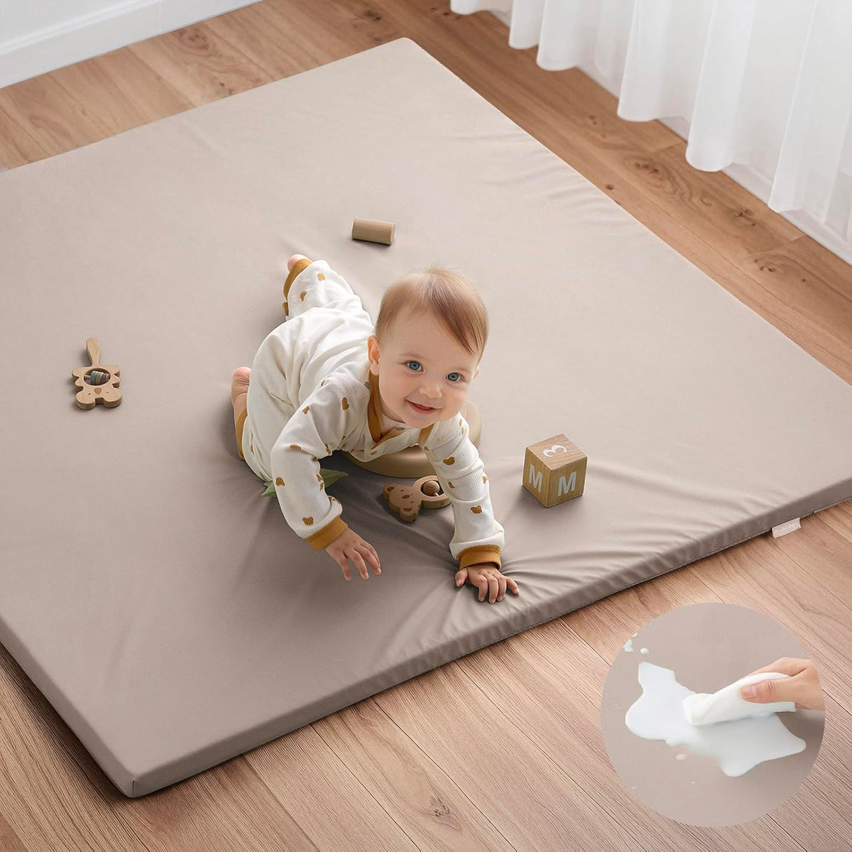 Blissful Diary vegan leather baby play mat front view in taupe