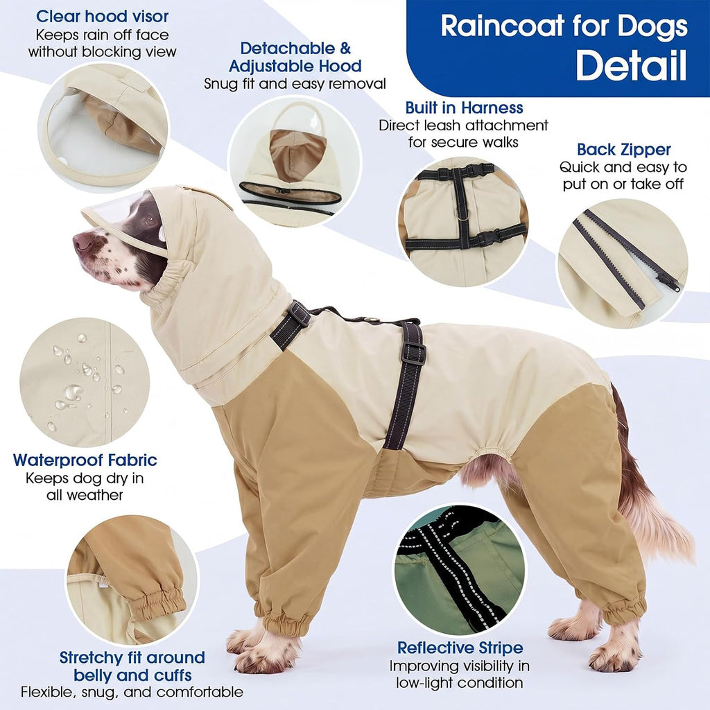 Durable water repellent puppy raincoat showing elastic waist and leg cuffs.
