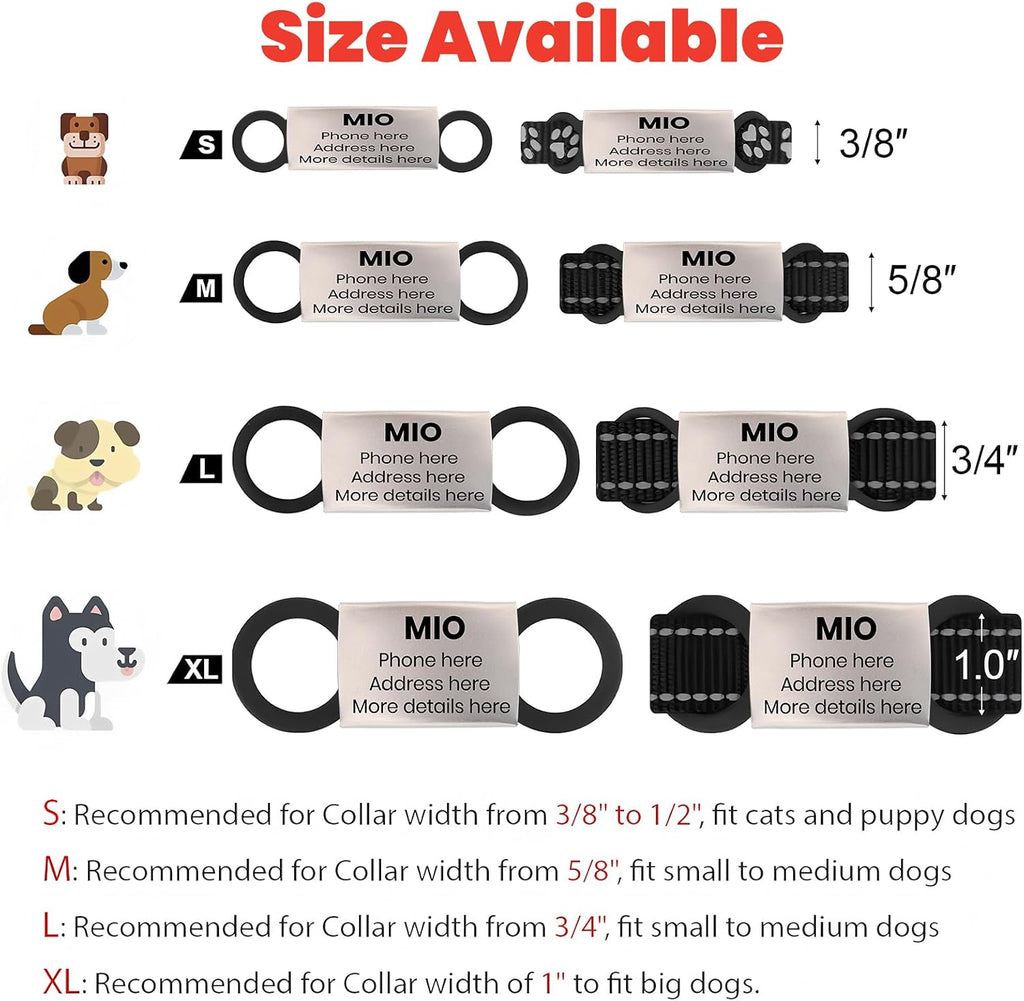 Mio Crafts silent jingle free custom cat tag mounted flat on a pet collar close up view