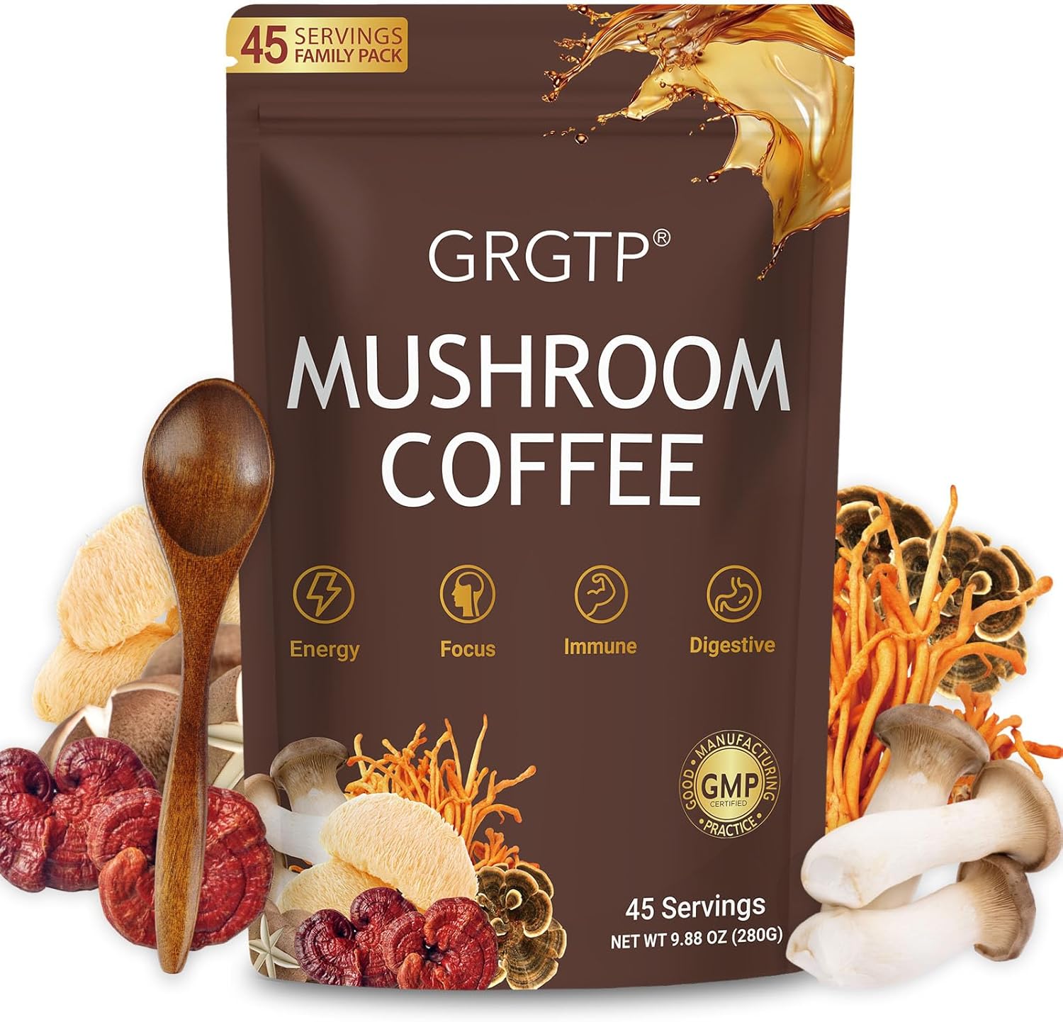 GRGTP Instant Mushroom Coffee package front view for jitter free energy
