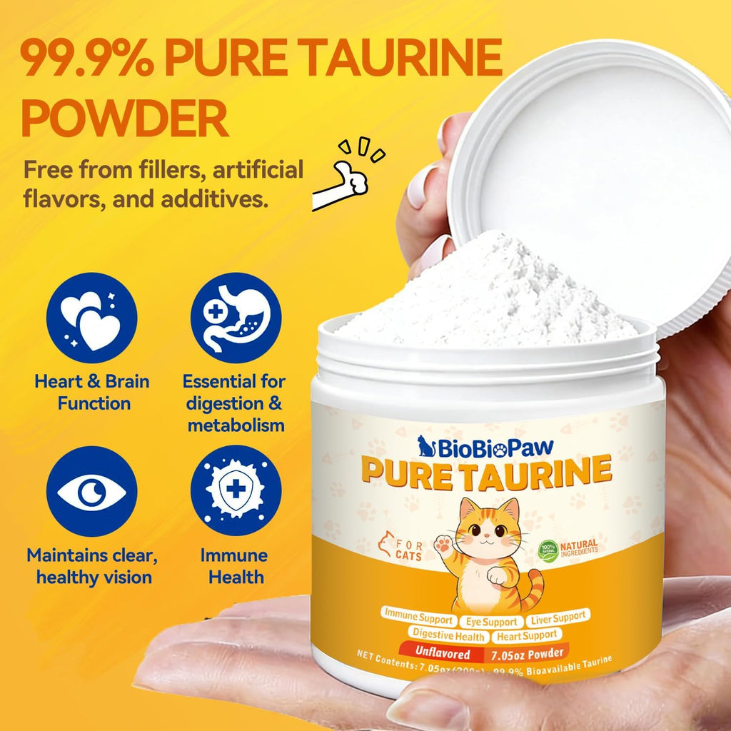 BioBiopaw unflavored taurine powder for cats packaging displaying nutritional facts and 250mg scoop info