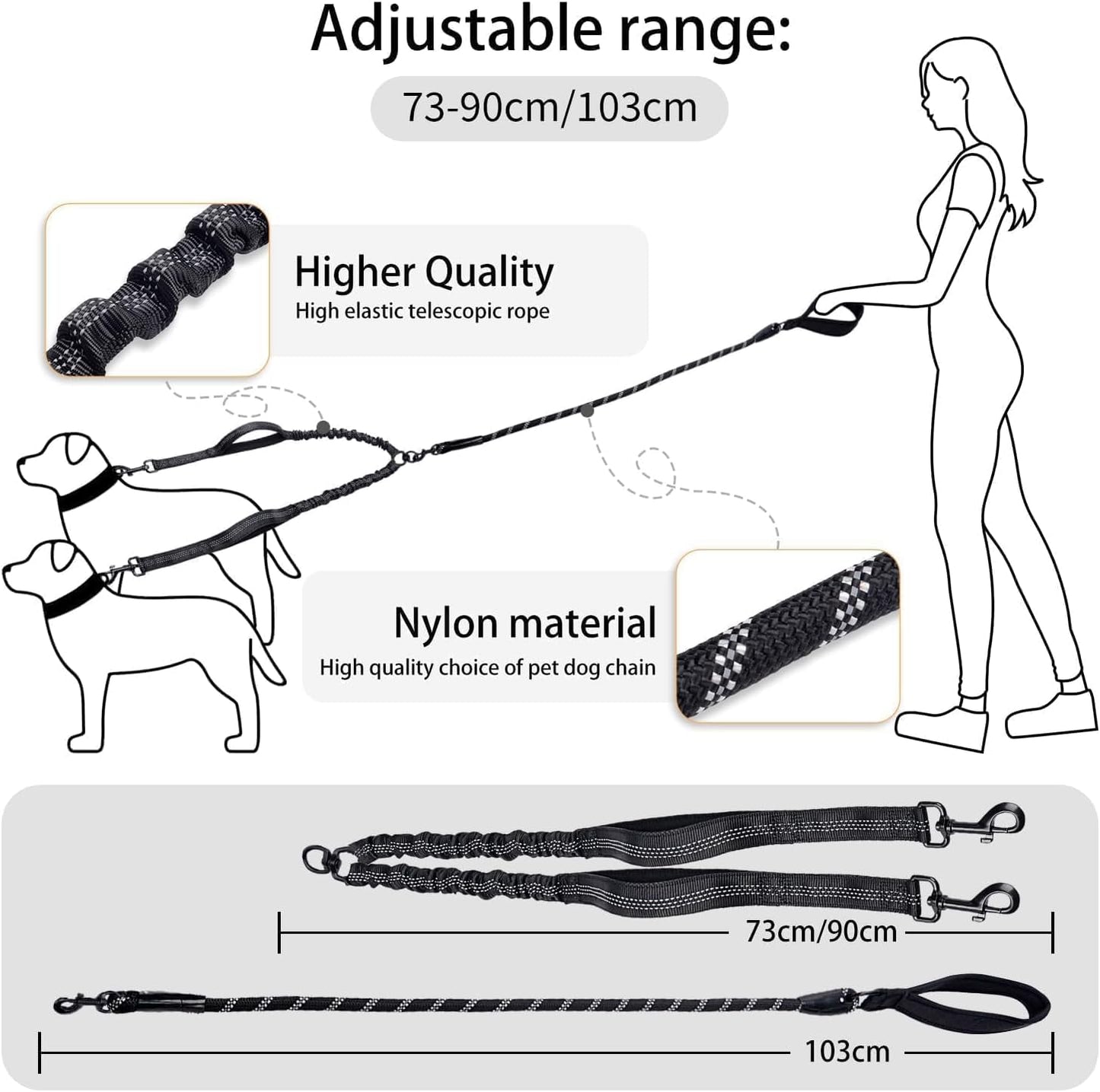 Two pet walking leash highlighting the lower traffic control handle