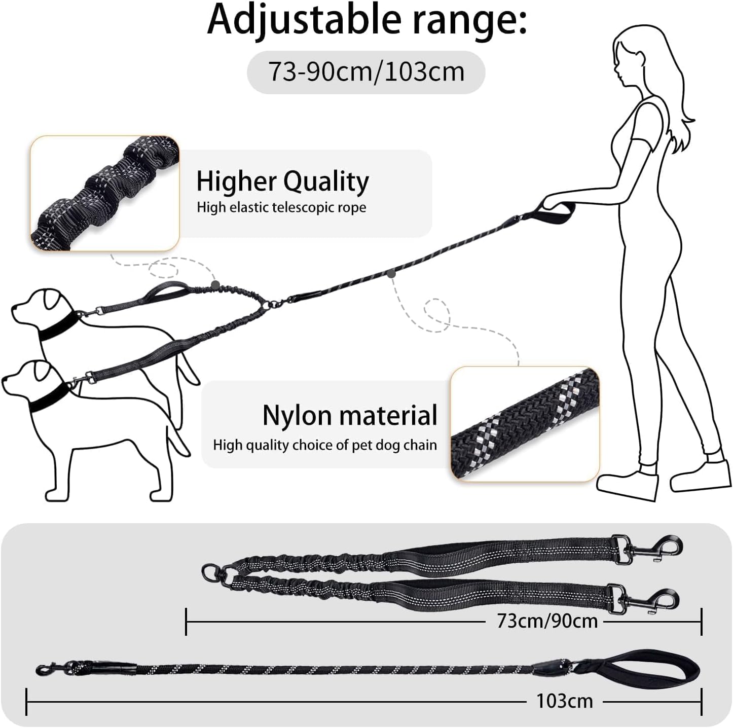 Two pet walking leash highlighting the lower traffic control handle