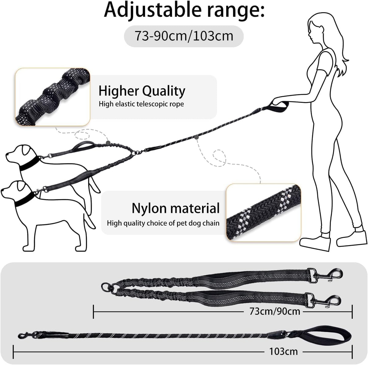 Two pet walking leash highlighting the lower traffic control handle