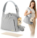 JourCraf dog carrier sling front view with grey quilted fabric