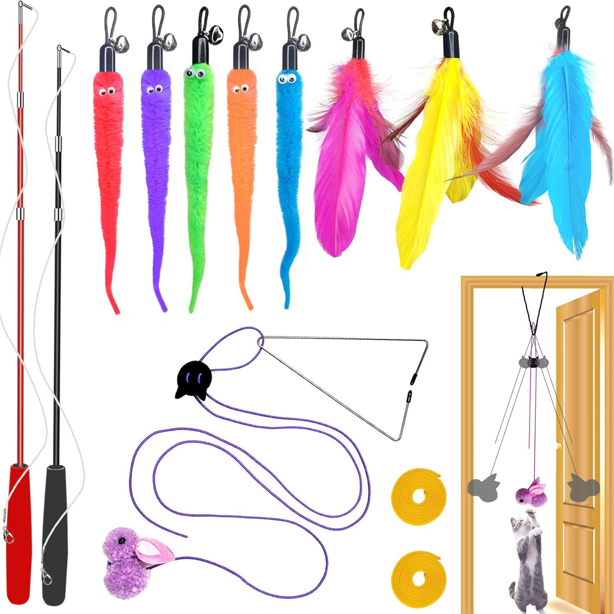ZPH Interactive Cat Toy Kit front view showcasing the complete fourteen piece set with wands and feather attachments.
