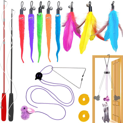 ZPH Interactive Cat Toy Kit front view showcasing the complete fourteen piece set with wands and feather attachments.