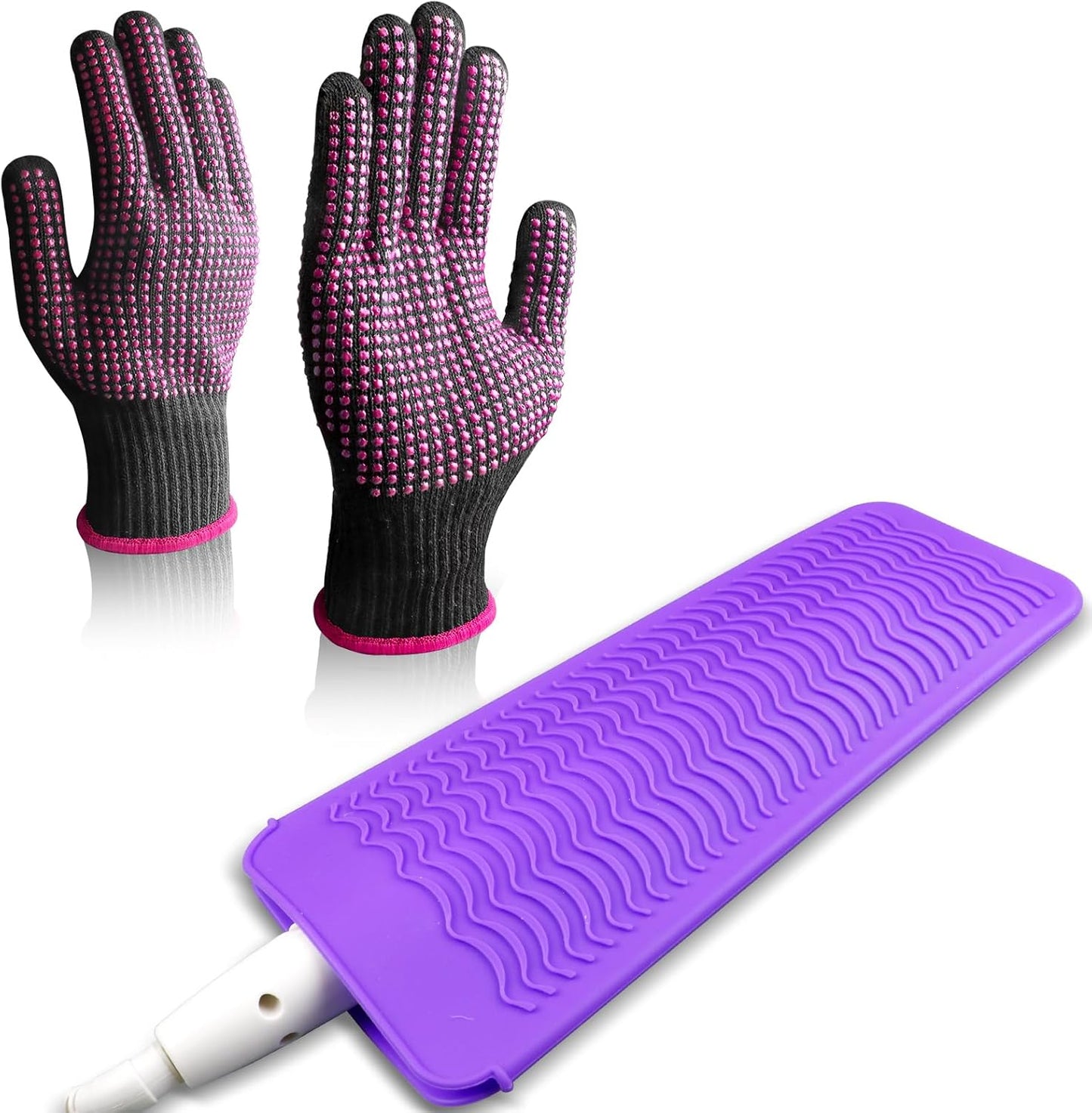 IKOCO heat gloves for hair styling front view showing purple silicone mat pouch