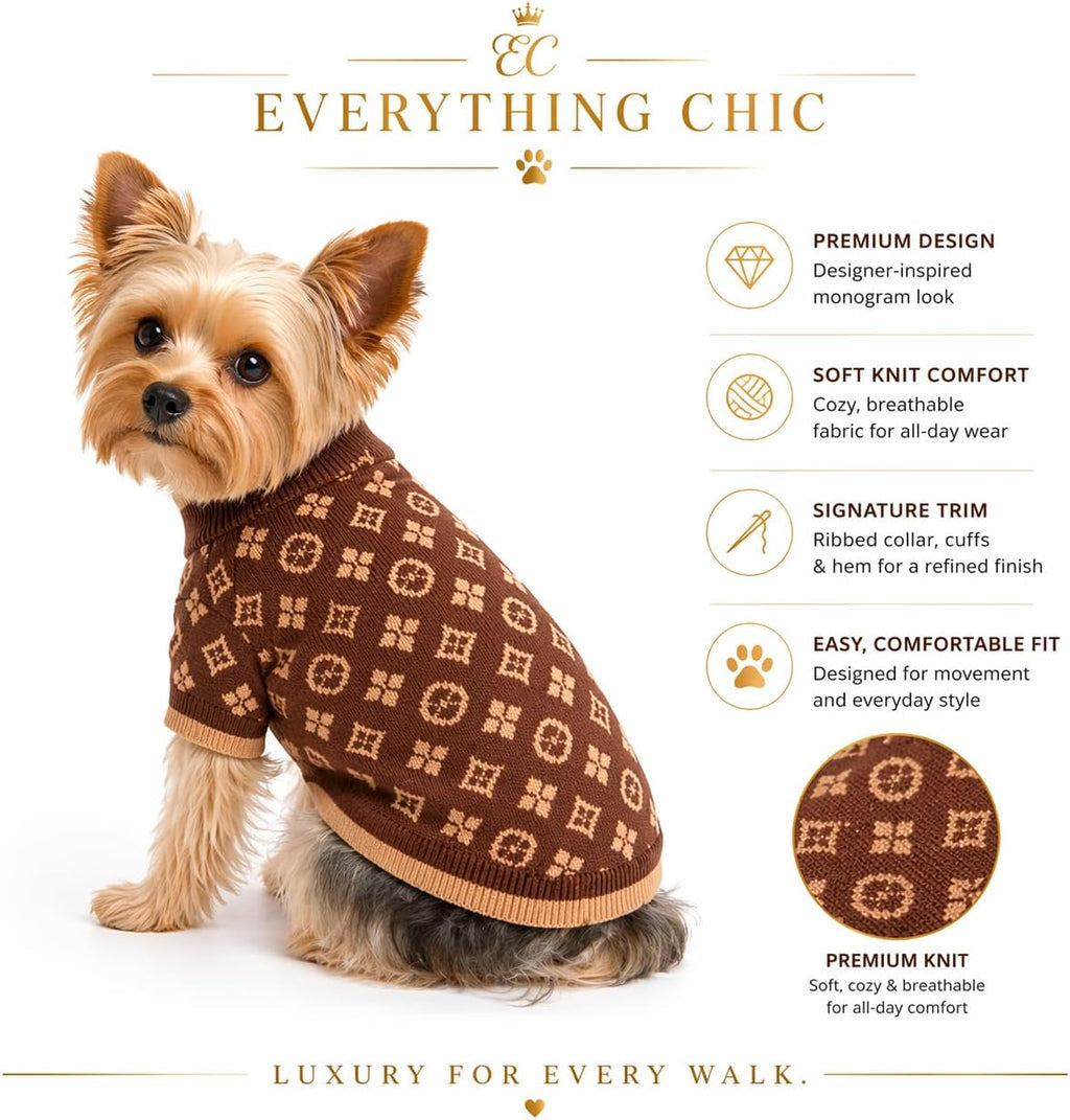 Luxury brown knit small dog clothing styled on a small puppy
