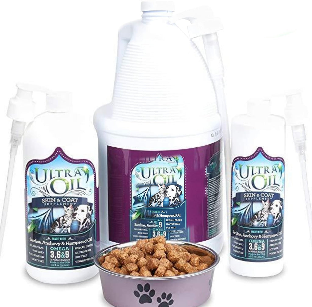 Ultra Oil liquid omega supplement for pets demonstrating easy mixing with dog kibble for dry skin and dandruff relief.