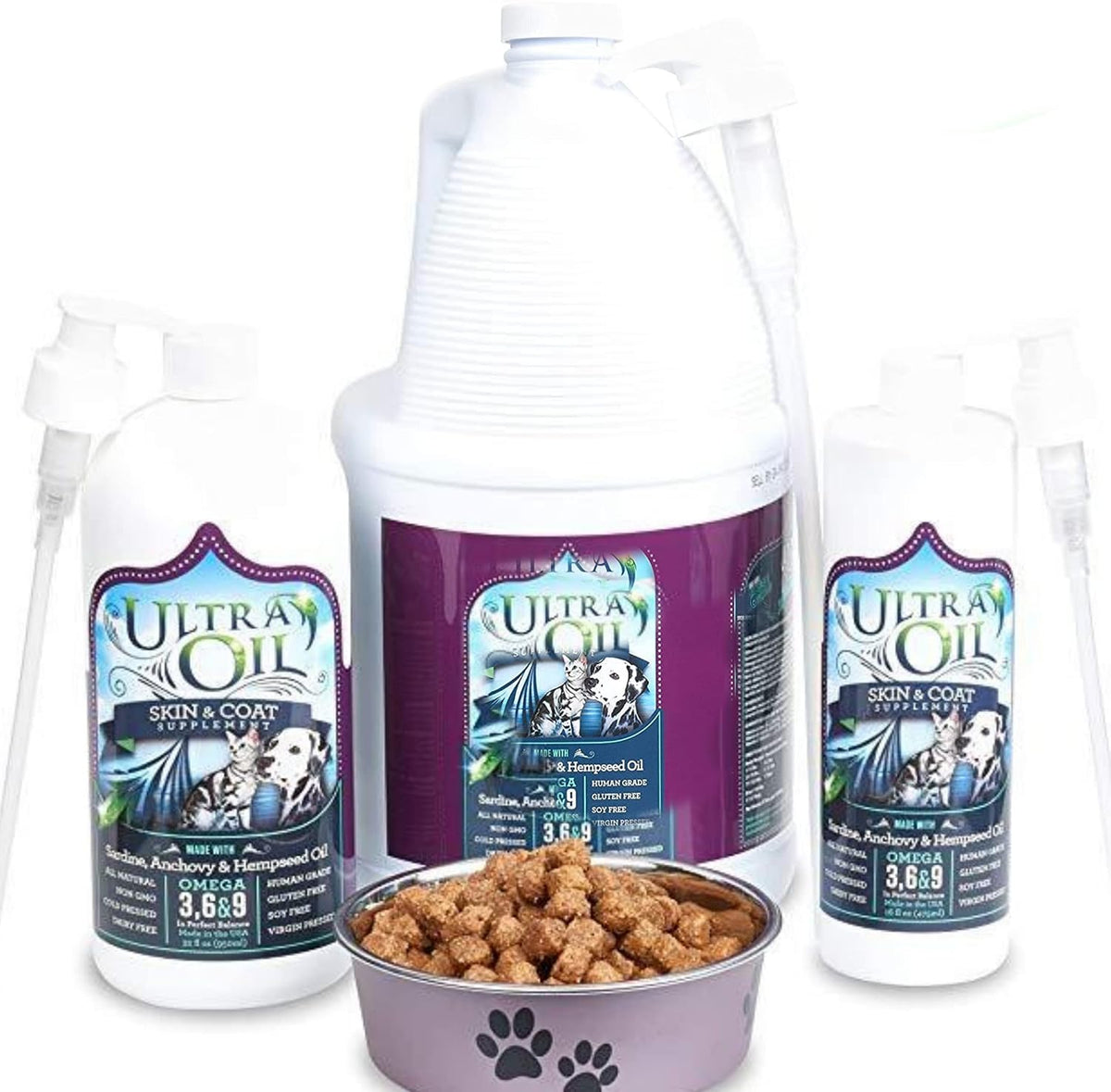 Ultra Oil liquid omega supplement for pets demonstrating easy mixing with dog kibble for dry skin and dandruff relief.