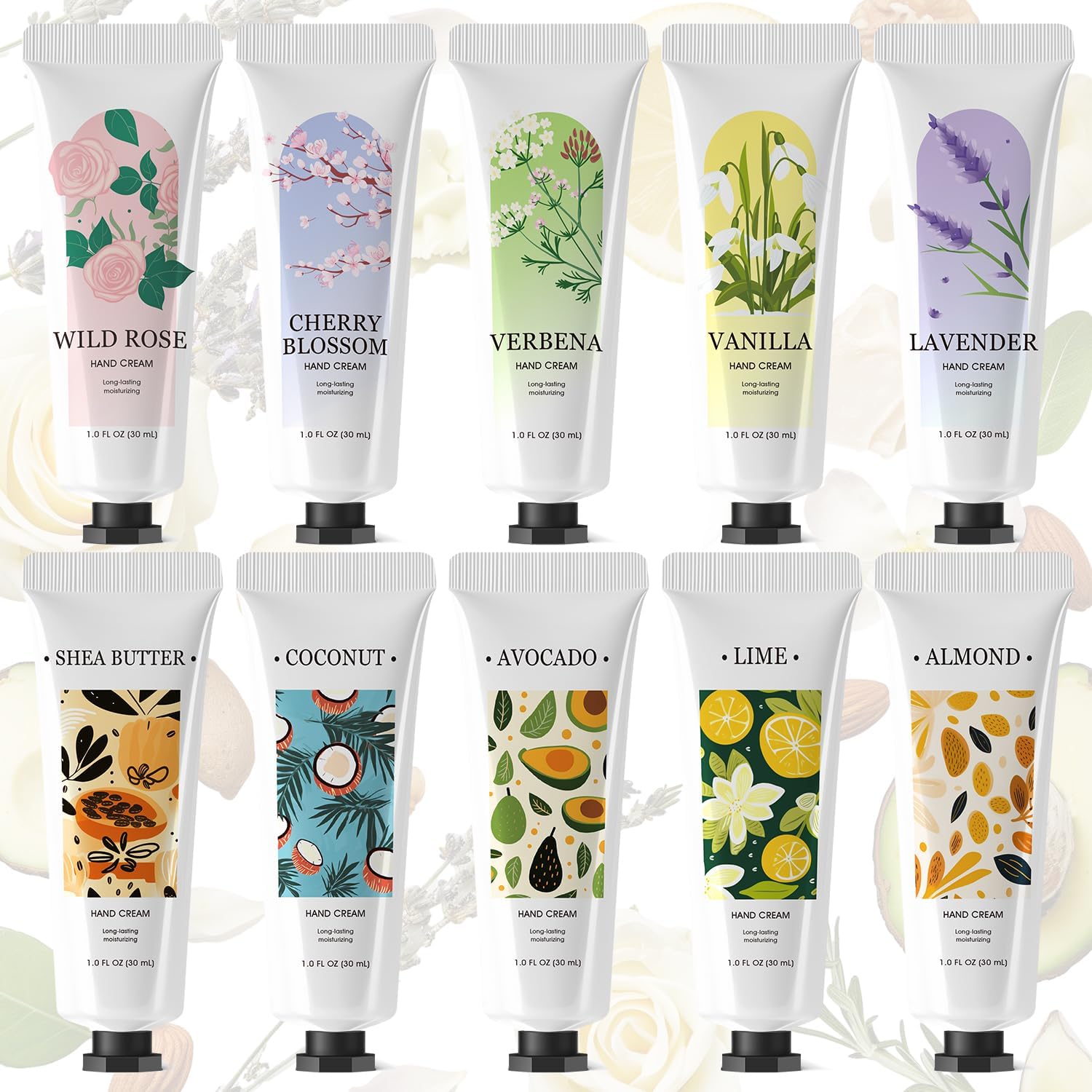 Spa Luxetique 10 Pack Hand Cream Gift Set front view displaying ten colorful travel tubes lined up side by side