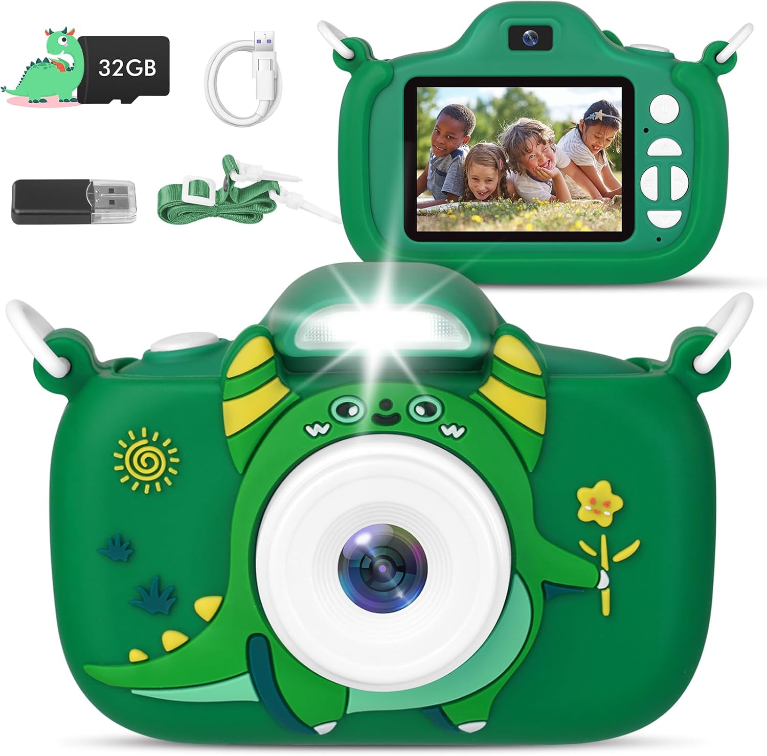 Duckart kids digital camera front view featuring dinosaur silicone case and dual lens