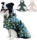 ExploreU dog raincoat front view showing the green dinosaur pattern and clear hood