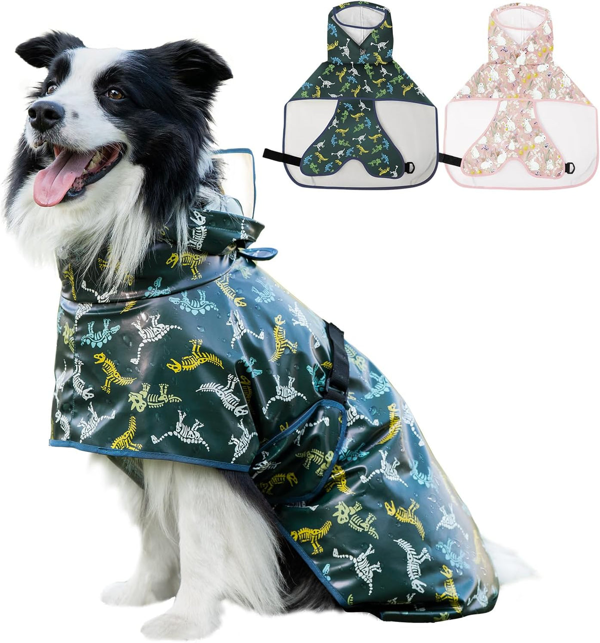 ExploreU dog raincoat front view showing the green dinosaur pattern and clear hood