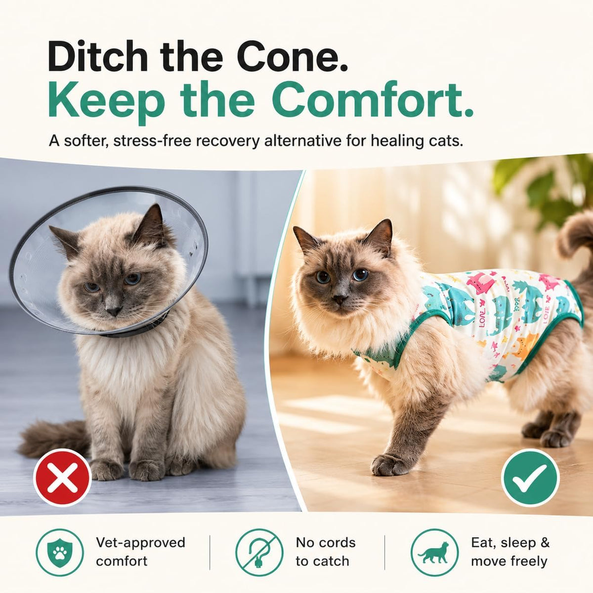 Cat wearing surgical onesie showing full coverage