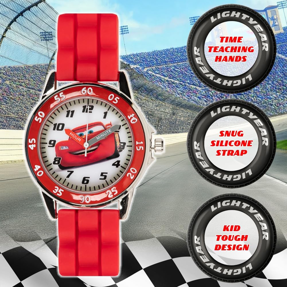 Accutime Lightning McQueen time teaching watch showing labeled hour and minute hands.