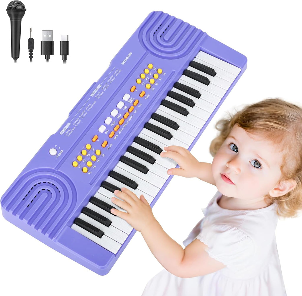 Drmukie kids piano keyboard toy front view showcasing thirty-seven purple keys and standard controls.