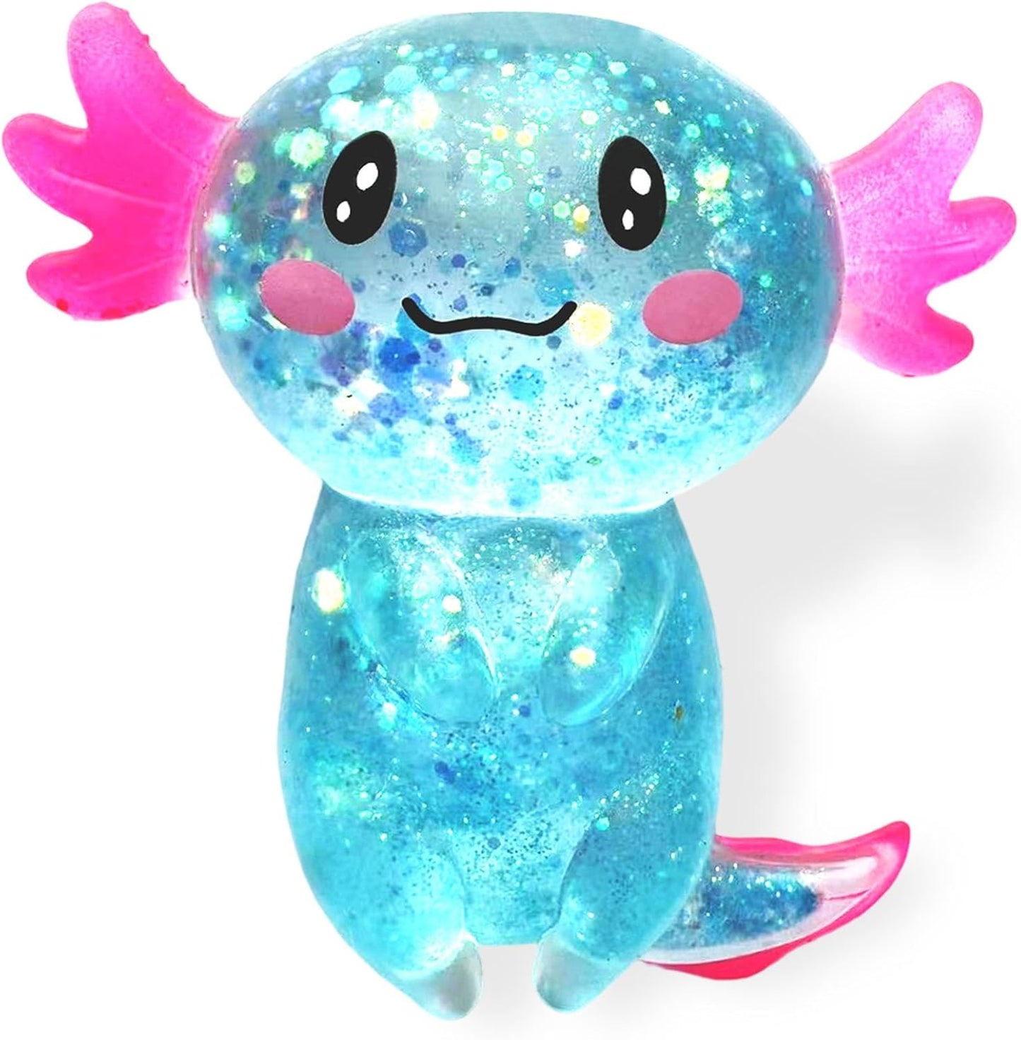 Puffwize Axolotl Squishy Stress Relief Toy front view showing blue body with pink external gills