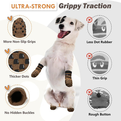 Dog wearing aiedouler anti slip socks on hardwood floor