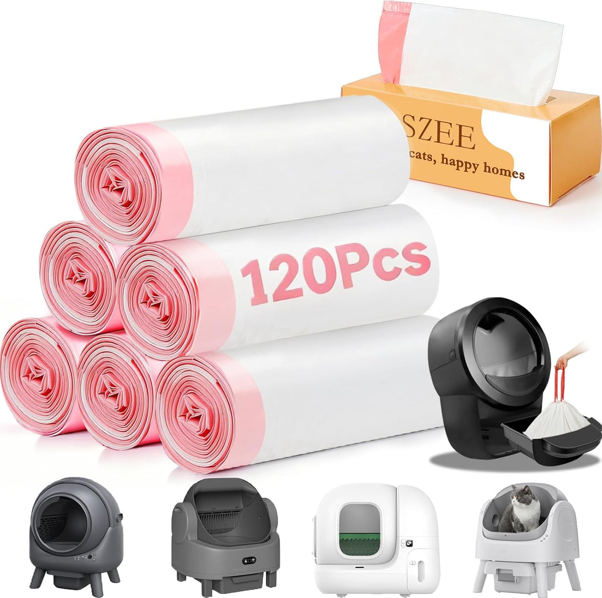 SZEE automatic waste bags packaging front view showing 120 count box