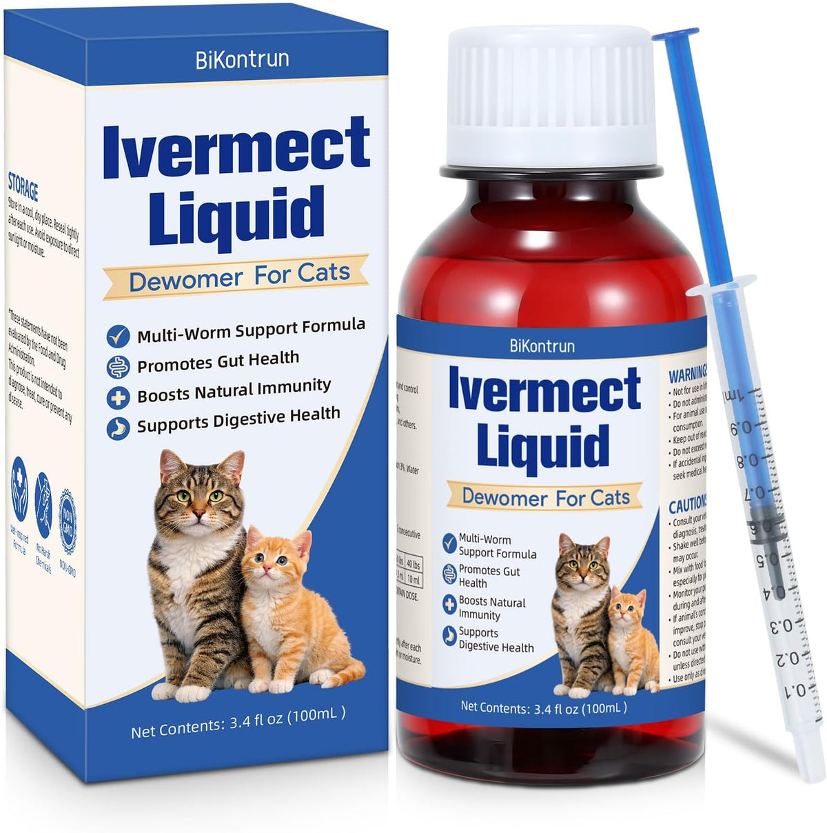 BiKontrun DewoMax Ivermect Liquid for Cats front view bottle showcasing broad spectrum digestive support label
