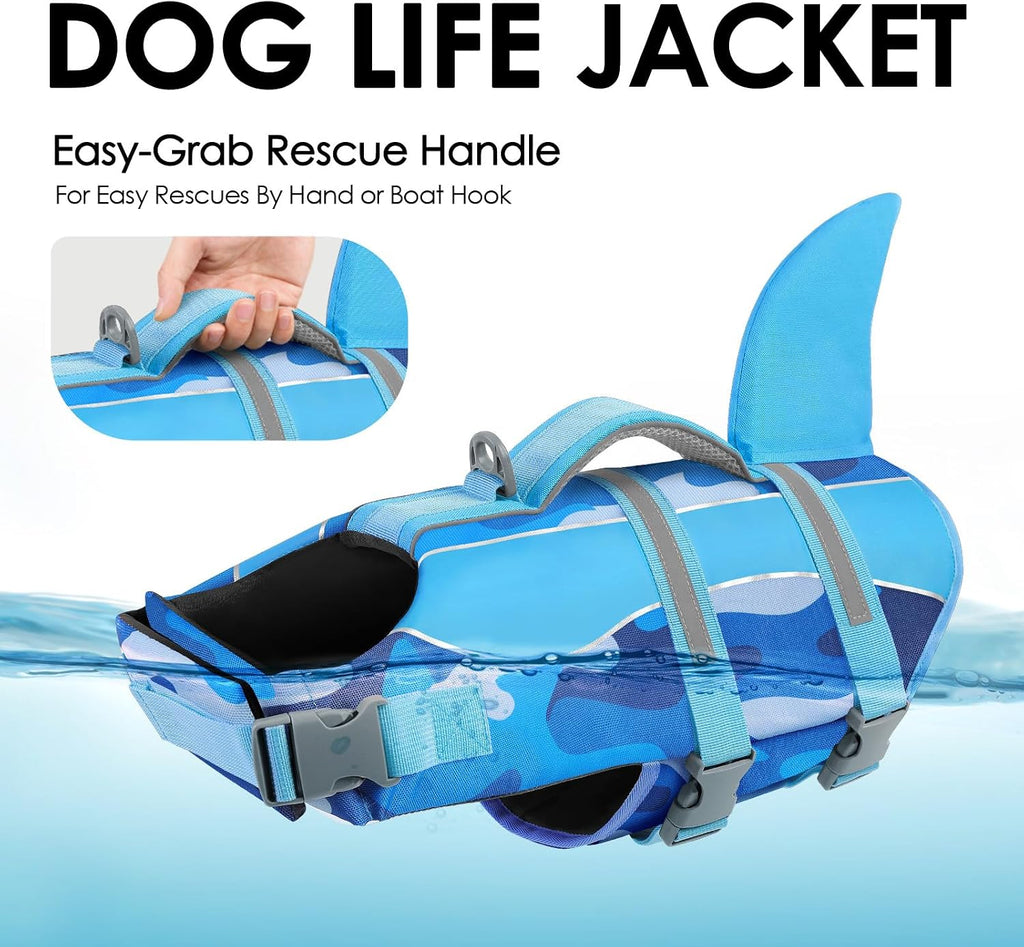 Blue camo dog life vest with top rescue handle for water safety.